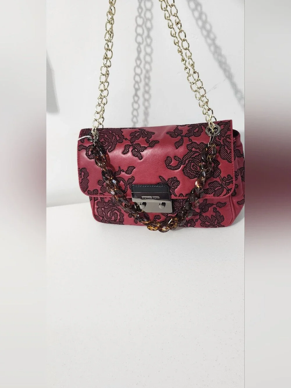 Michael Kors Red Shoulder Bag with Black Lace Overlay & Chain Strap